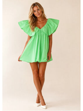 Day + Moon Neon Green Mini Dress Ruffle Sleeve Babydoll Quiet Luxury Vaca Boho